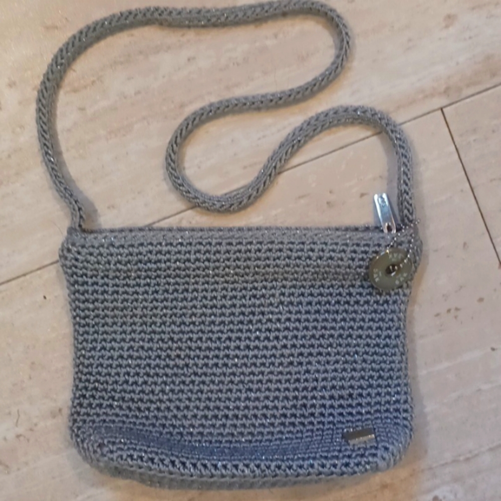 The Sak Glittery Gray Crochet Knit Mini Shoulder Bag